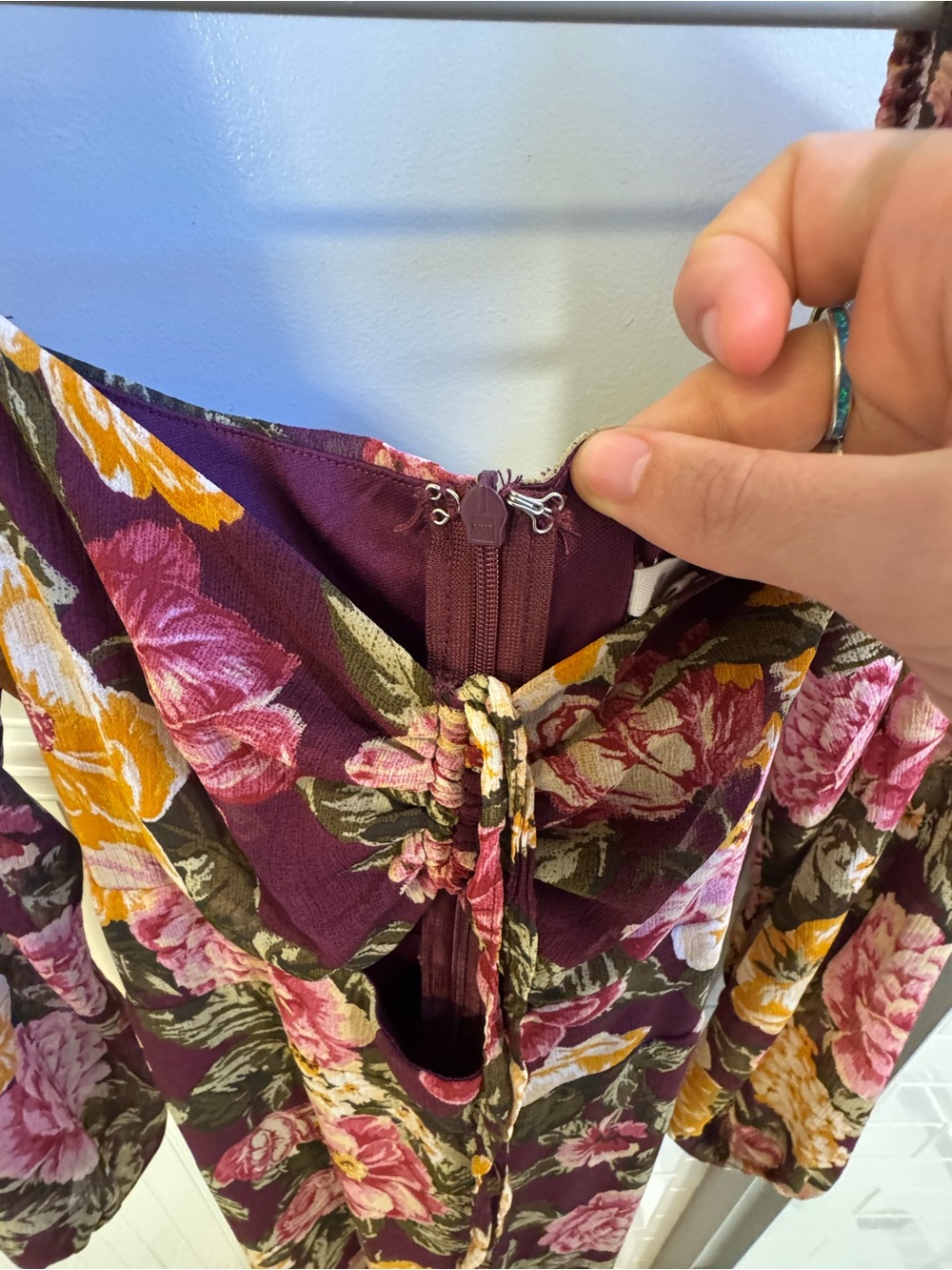 Floral Maroon Maxi Dress with Mustard and Pink Blooms - Picture 7 of 8